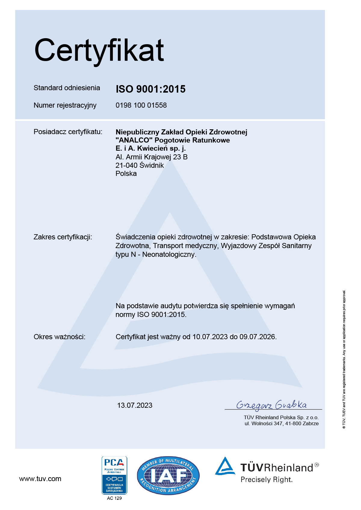 NZOZ Analco uzyskało certyfikaty TUV Rheinland